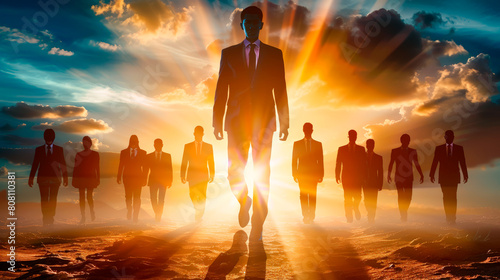 Team of successful business leaders confidently walks towards the rising sun photo