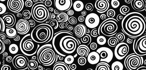 Black and white doodle with continuous abstract spirals and circles.