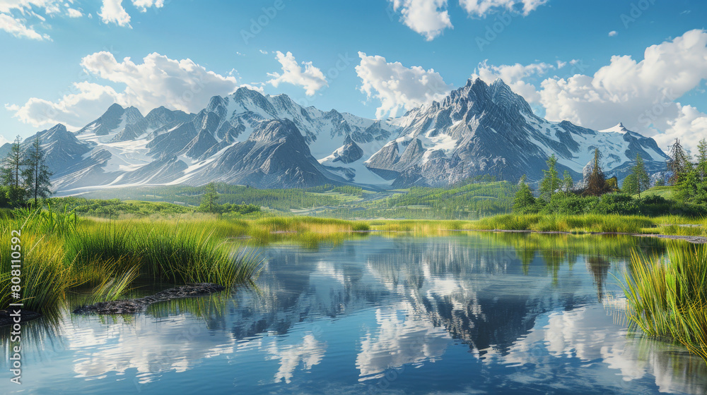 A serene digital landscape featuring a reflective mountain lake, surrounded by lush grasses and majestic snow-capped peaks under a clear blue sky.