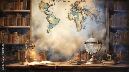 Illustrate a watercolor background of a quiet study filled with antique books and a large, world map on the wall #808110539