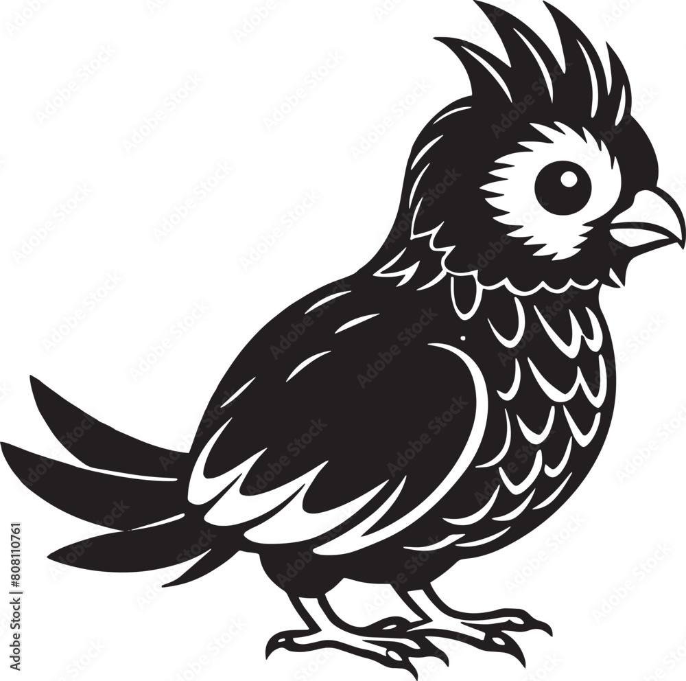 Black Cockatoo - Black and White Vector Illustration - Isolated On White Background