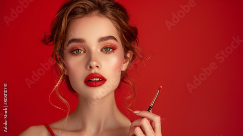 Woman with makeup on red background