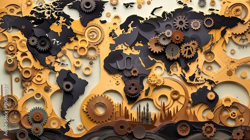 A vibrant papercut depicting a world map with cog of cooperation, communication