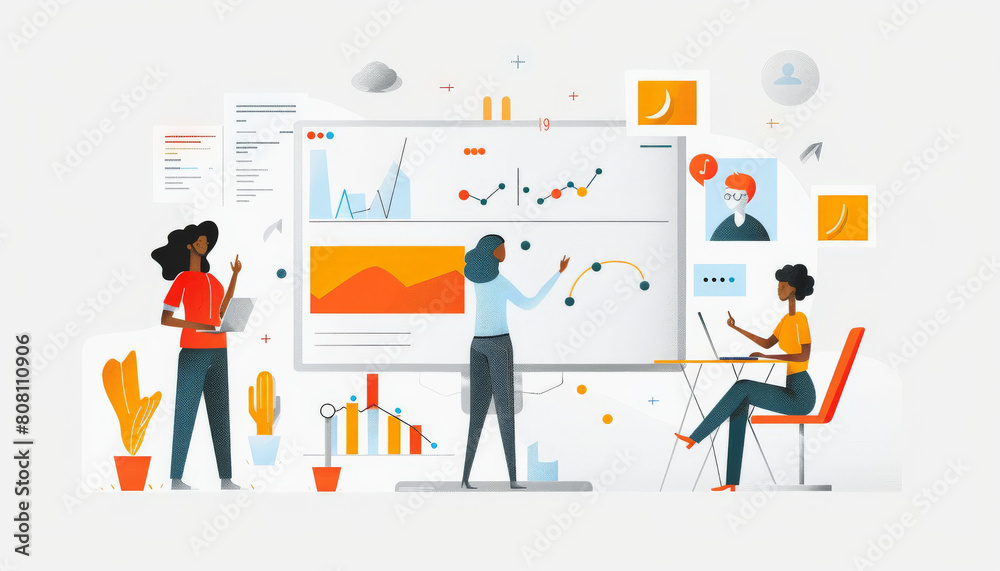 Illustration of a diverse team engaging in data analysis and presentation with various charts and interactive elements, promoting collaboration and strategic business planning.