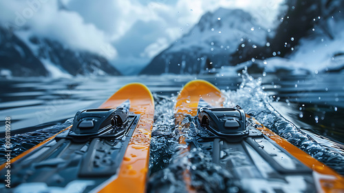 A closeup of Water Skiing Water skis  against Water as background  hyperrealistic sports accessory photography  copy space