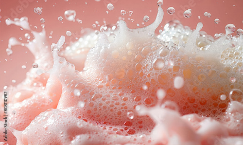 Close-up of soap foam on a light background. Bubbles of foam from soap, shampoo or detergent on a light pastel background. A realistic image with a place to copy.
