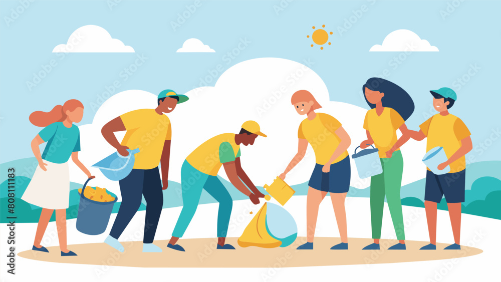 A group of coworkers bond while participating in a beach cleanup feeling a sense of accomplishment and camaraderie as they work towards a common goal..