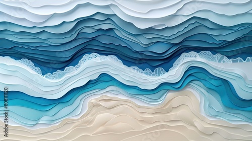Abstract papercut art of ocean waves encroaching on a sandy beach, with layers of paper showing gradual sea level rise. photo