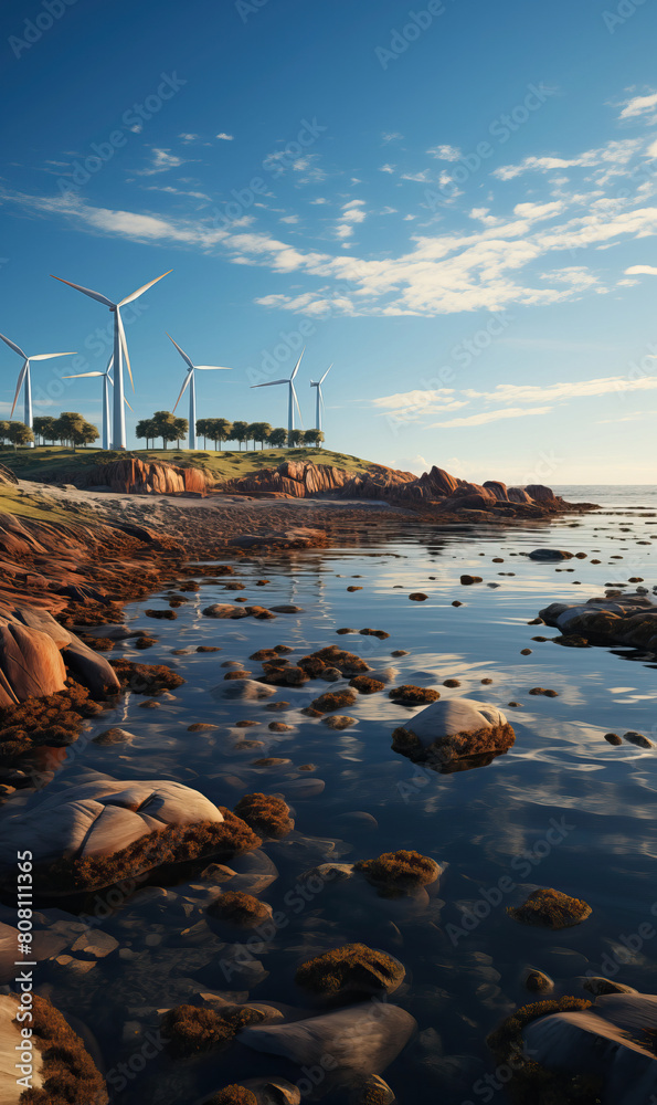 Fototapeta premium Beach With Rocks and Windmills. Generative AI