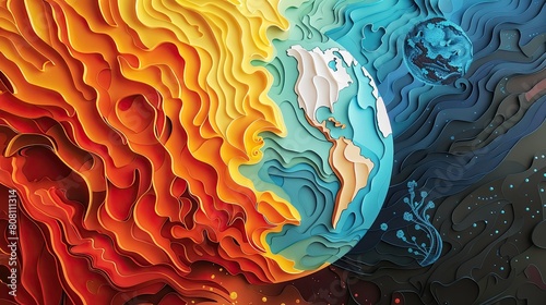 Abstract papercut depiction of Earth with half engulfed in flames, the other half normal, illustrating climate extremes. photo