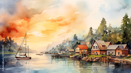Illustrate a watercolor background capturing the calmness of a coastal village at sunset photo