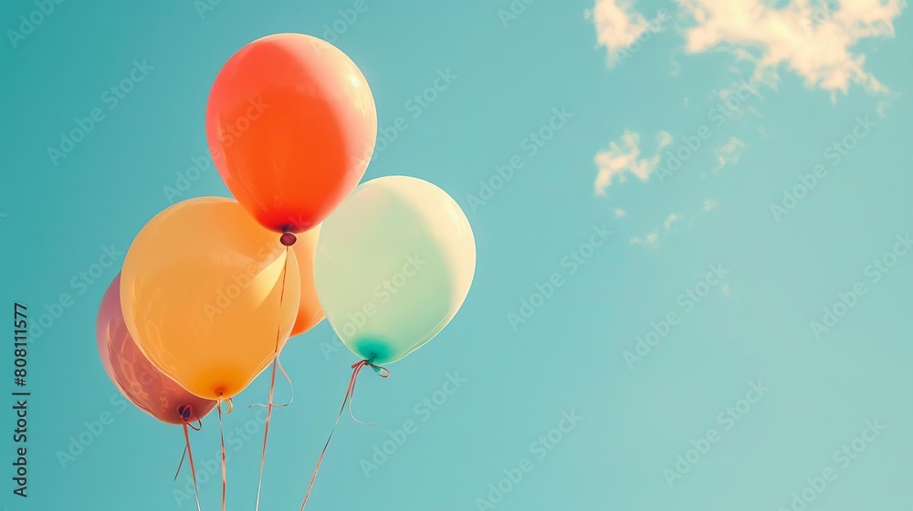 Vibrant balloons floating with a clear sky background, symbolizing celebration and joy Vibrant balloons floating with a clear sky background, symbolizing celebration and joy