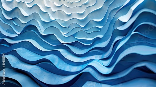 Abstract papercut of a tidal energy installation, with waves crafted from layered blue paper demonstrating motion.