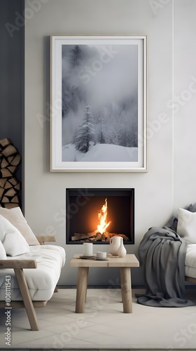 A chic  stylish living area accentuated by a bleak winter landscape artwork  resonating with the warmth of a fireplace