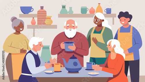 A group of retirees gather at a community center reminiscing about their past pottery experiences while creating new pieces to decorate their homes..