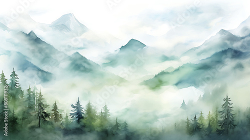 Illustrate a watercolor background featuring a tranquil mountain landscape