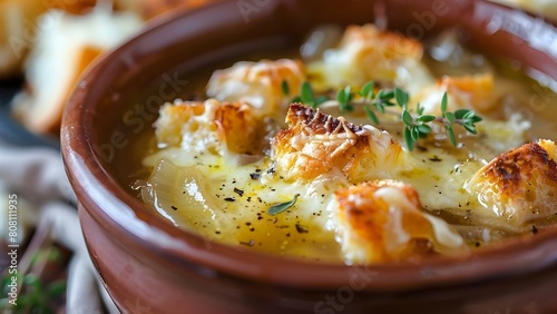 French Onion Soup: A Mouthwatering Closeup with Melted Cheese and Fresh Thyme. Concept Food Photography, French Cuisine, Comfort Food, Cheesy Goodness, Fresh Ingredients photo