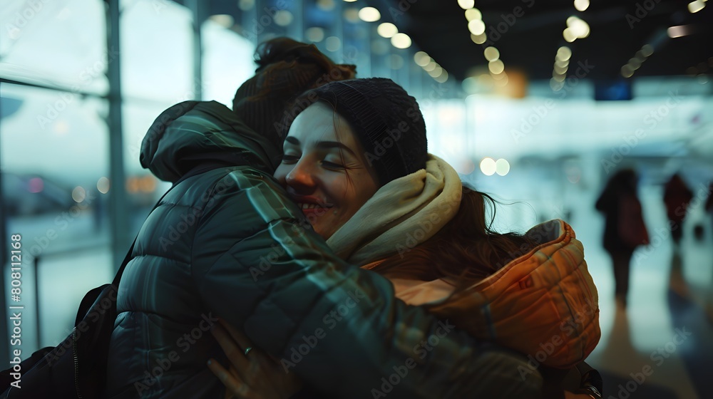 An intimate moment of two people embracing warmly in an airport terminal, showcasing love and affection An intimate moment of two people embracing warmly in an airport terminal, showcasing love and affection