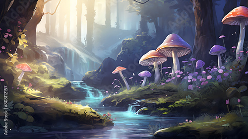 Illustrate a watercolor background of a mystical fairy glen with glowing mushrooms and a small, sparkling stream photo