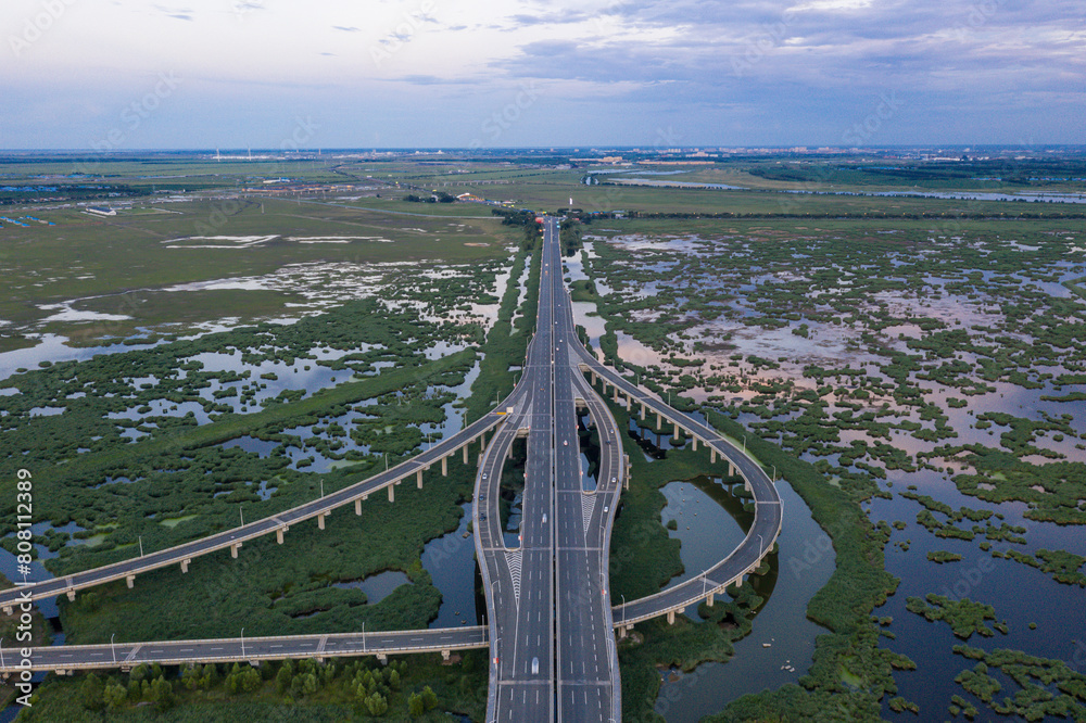 Fototapeta premium Aerial photography of Longfeng Wetland Bridge in Daqing City, Heilongjiang Province