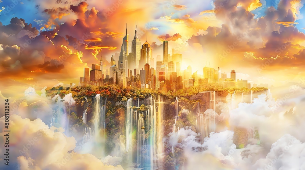 Bring to life a majestic, utopian cityscape floating among cotton candy clouds, with cascading waterfalls of liquid gold, using vibrant, dreamlike watercolors