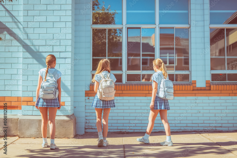 Three girls wearing blue skirts and white shirts walk down a sidewalk