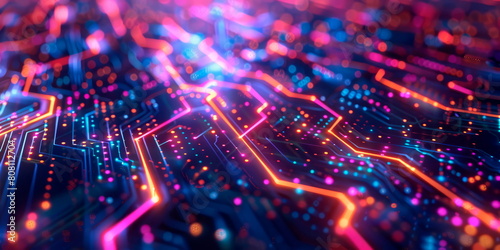 wavy background with digital pixels, circuit board patterns and colorful icons symbolizing innovation and progress