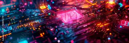 wavy background with digital pixels  circuit board patterns and colorful icons symbolizing innovation and progress