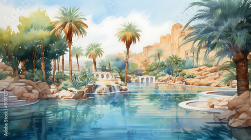 Illustrate a watercolor background of an oasis in the desert with palm trees and a clear blue pool