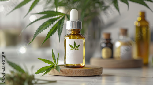 isolated cbd oil bottle with cannabis leaf label on white background, representing natural remedy and alternative medicine photo