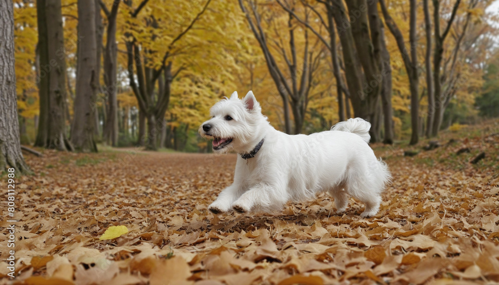 Playful West Highland white terrier puppy romping through a vibrant autumn meadow with his furry friends, surrounded by golden leaves and copy space for text, in a stunning fall forest setting 