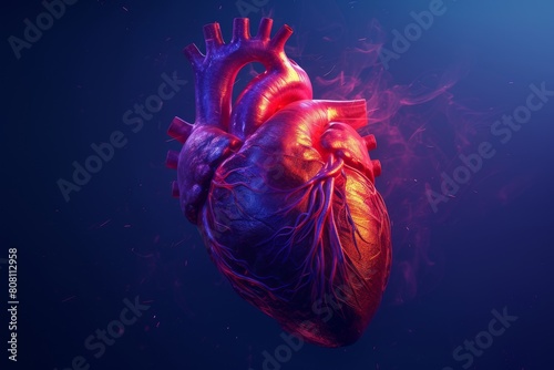 Stylized human human heart with veins  arteries and blood vessels on navy blue background. Medical neuron cardiovascular connection