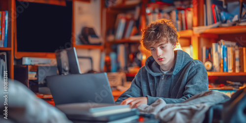 young man studying in his room using his laptop