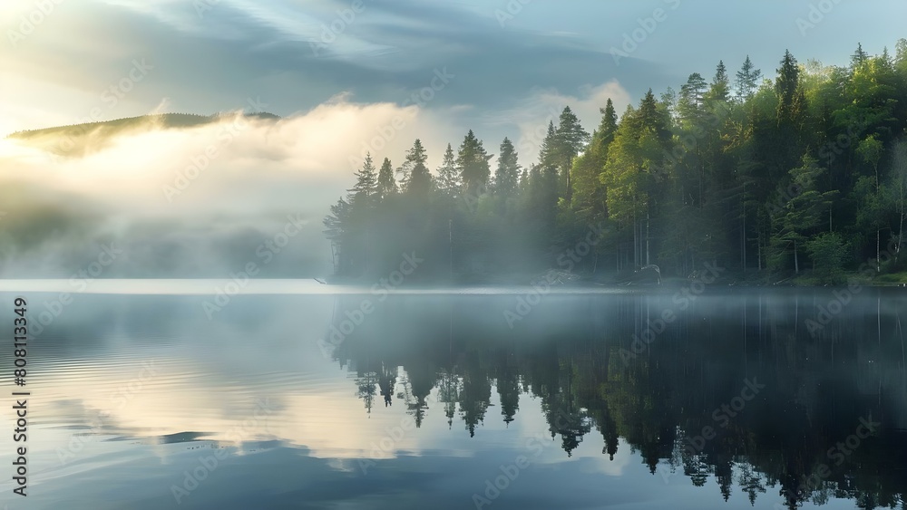 Misty clouds reflected in calm water of a scenic Norwegian forest lake. Concept Outdoor Photoshoot, Nature Photography, Landscape, Misty Weather, Reflections