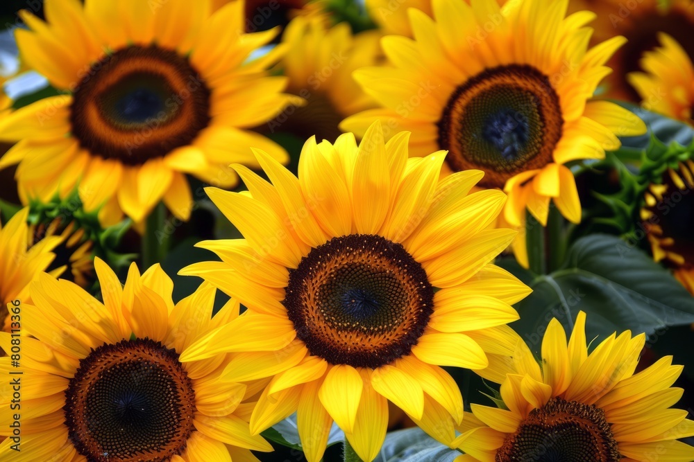 Field of sunflowers swaying gently in the breeze, their bright yellow petals turned towards the sun Field of sunflowers swaying gently in the breeze, their bright yellow petals turned towards the sun