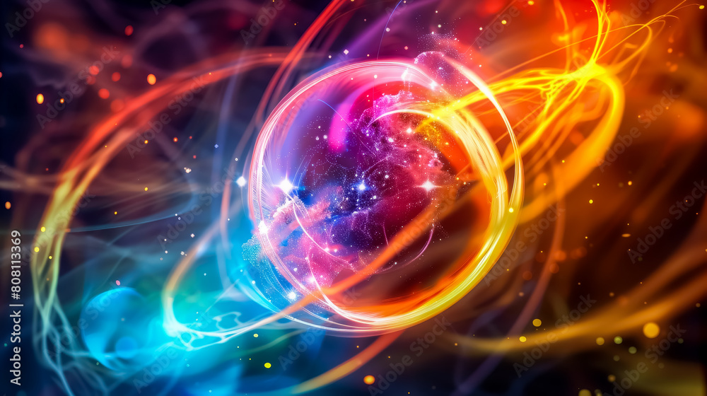 A close-up of a swirling atom with vibrant colors and energy A close-up of a swirling atom with vibrant colors and energy