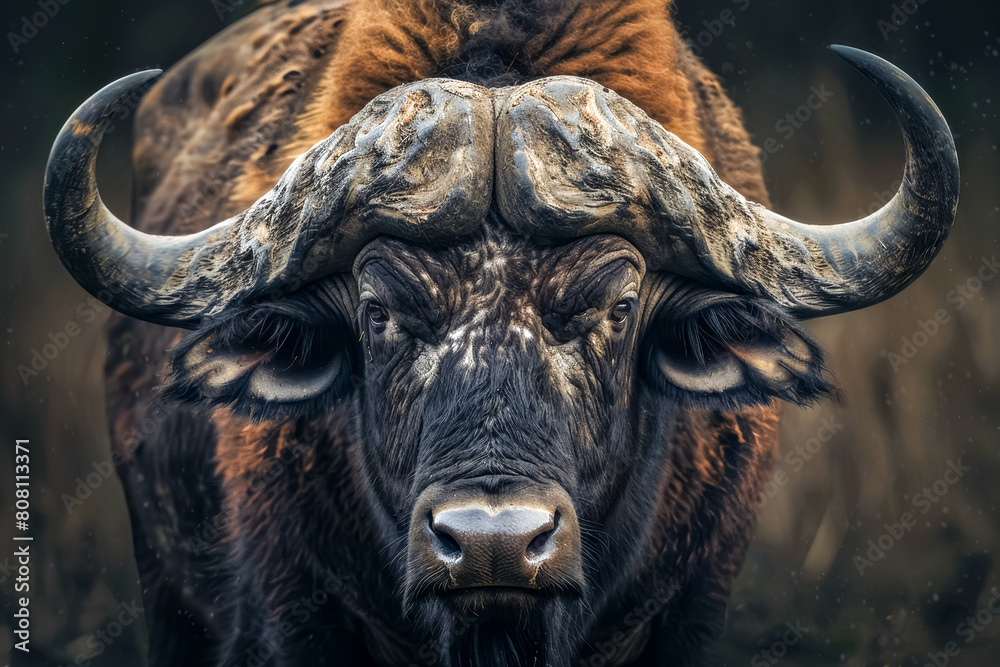 Naklejka premium A close-up of a majestic buffalo, its thick fur and powerful horns captured in stunning detail