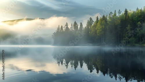 Misty clouds reflected in calm water of a scenic Norwegian forest lake. Concept Outdoor Photoshoot  Nature Photography  Landscape  Misty Weather  Reflections