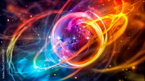 A close-up of a swirling atom with vibrant colors and energy