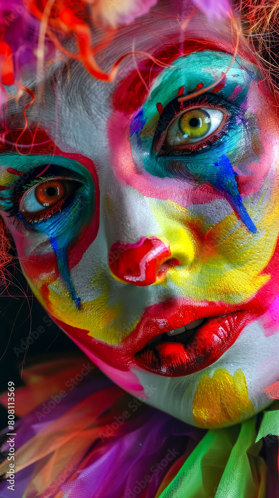 Obraz premium A clowns colorful makeup and exaggerated features up close