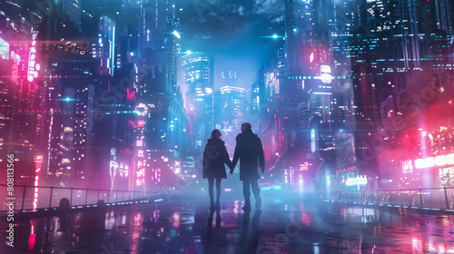 A couple walking hand in hand through a futuristic cityscape, their love and connection evident in the way they gaze at each other