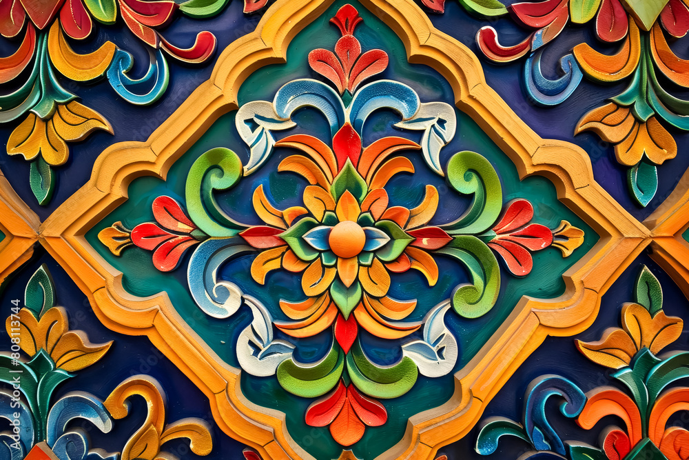 A Thai pattern brought to life in a vibrant display of colors and shapes, showcasing the rich cultural heritage of the region