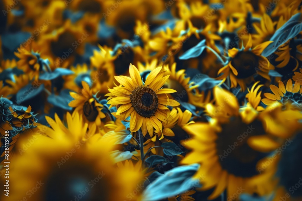 Fototapeta premium Field of sunflowers swaying gently in the breeze, their bright yellow petals turned towards the sun