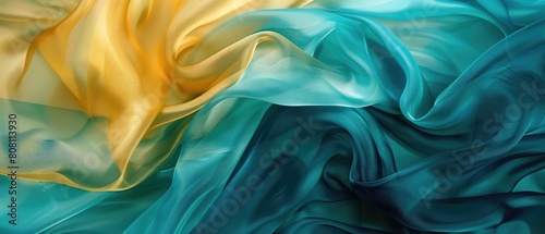 A semitransparent silk fabric with an abstract design showcases a unique combination of ocher blue, cyan, and green colors.