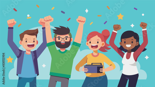 Excited gasps and cheers erupted as the winning team emerged victorious hoisting their controllers in triumph.. Vector illustration