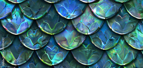 Fish scales lined with shifting iridescent hues of blue and green. photo