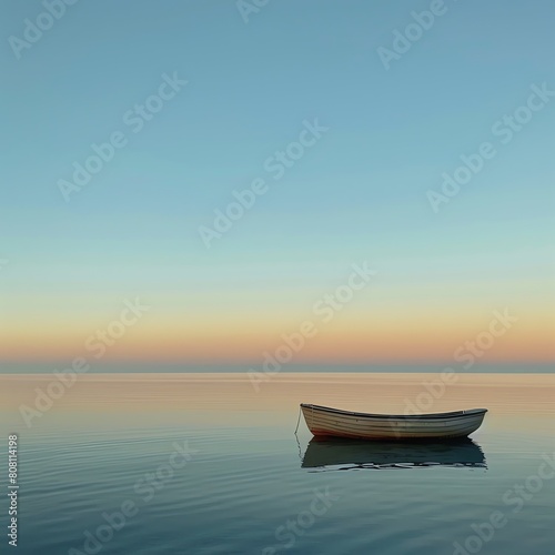 A calm sea at twilight, with a small boat floating gently on the water. photo