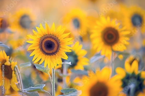 Field of sunflowers swaying gently in the breeze  their bright yellow petals turned towards the sun