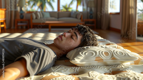 A man lies on a side sleeper pillow, resting on a gel-infused foam mattress. He looks peaceful, photo