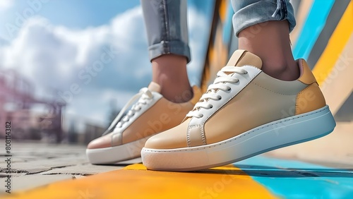 Stylish Sneakers Worn by Female Model Against Vibrant Background. Concept Sneakers Photography  Female Model  Stylish Footwear  Vibrant Background  Fashion Shoot